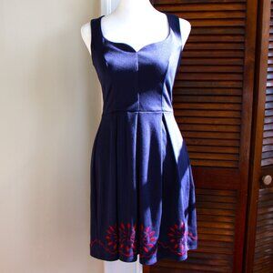 Mystic Navy Dress with Red Embroidered Details and Sweetheart Neckline - S